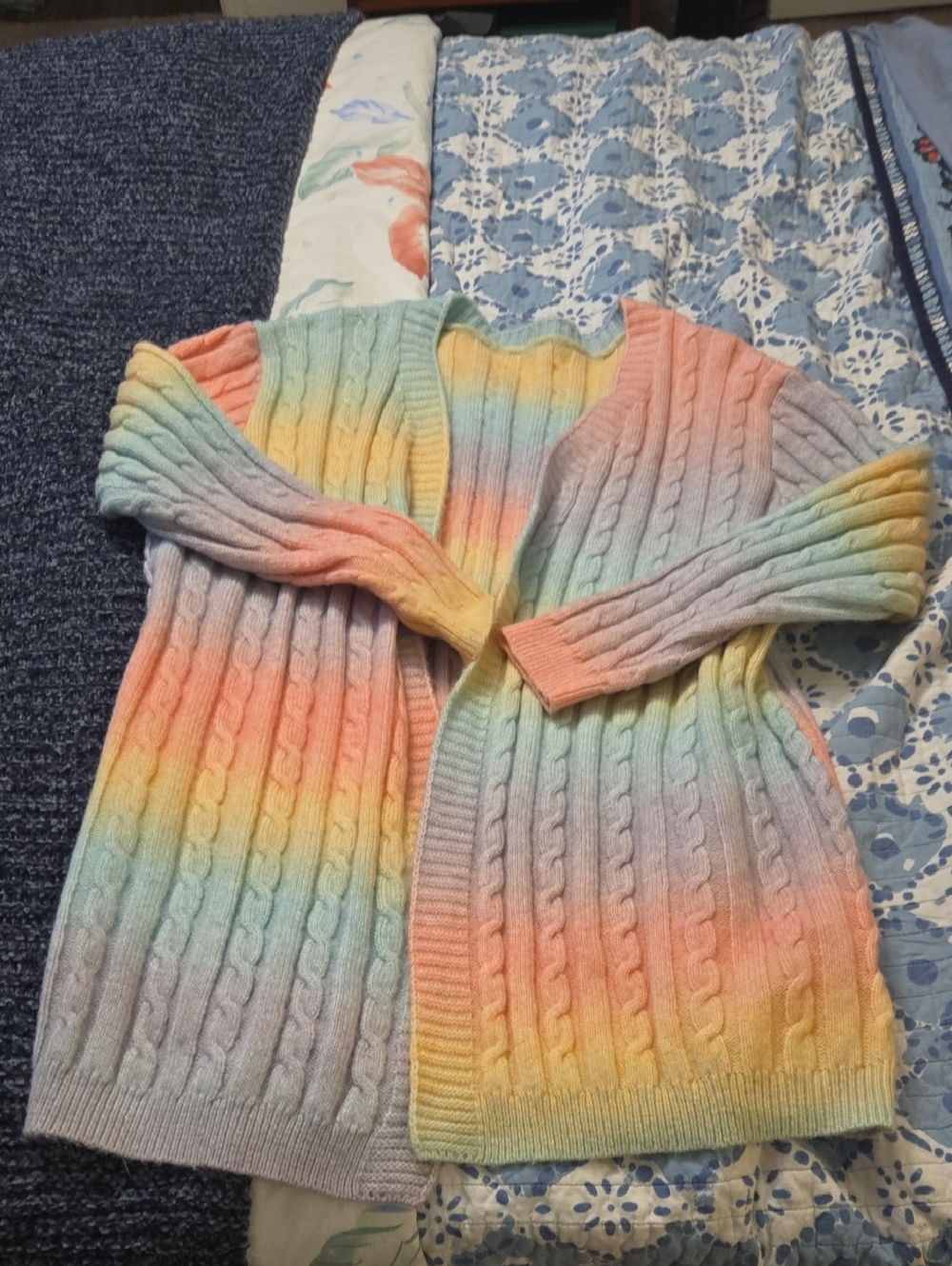 Pastel Rainbow Cable Knit Open Cardigan Sweater - Women